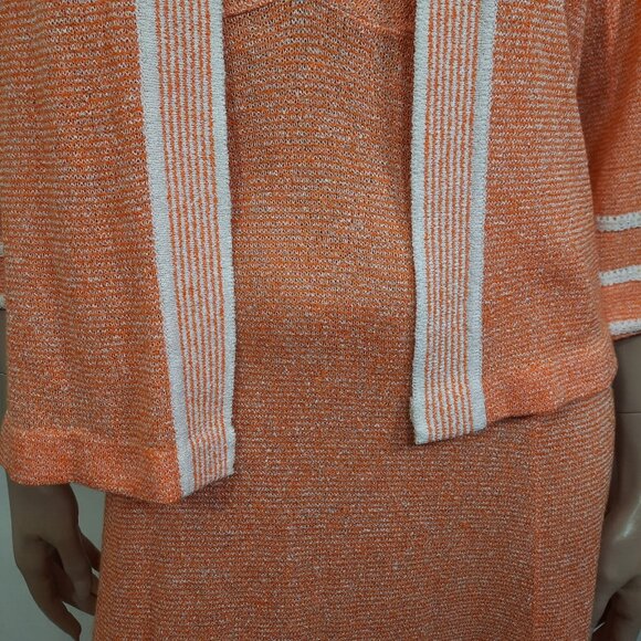 Vintage 70s Long Sweater Dress Cardigan 2 Piece Set Orange White Striped Size M - Picture 6 of 10